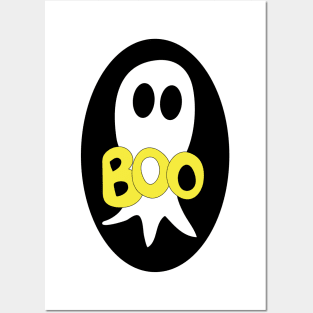 Cute Halloween ghost cartoon with BOO text Posters and Art